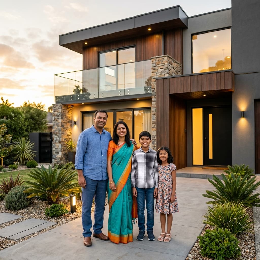 Happy family in front of new home